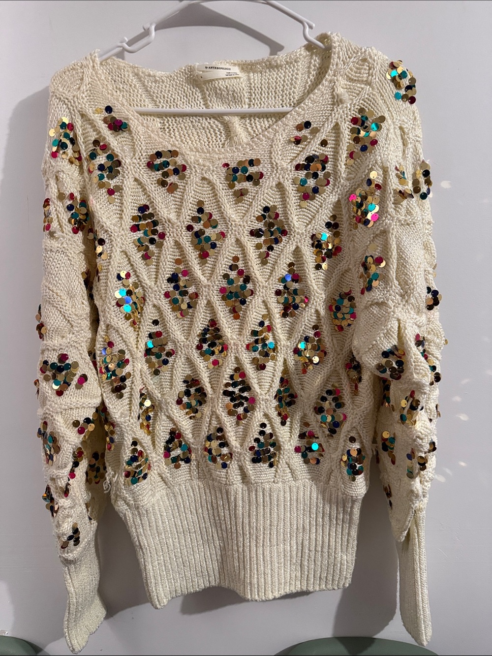 Anthropologie Cream Cable-Knit Scoop-Neck Sweater with Multicolor Sequins